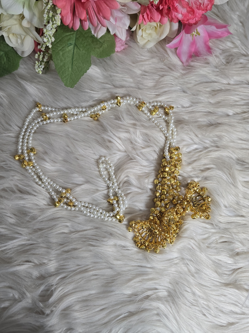 Gold & White Faux Pearl Kashmiri Paranda